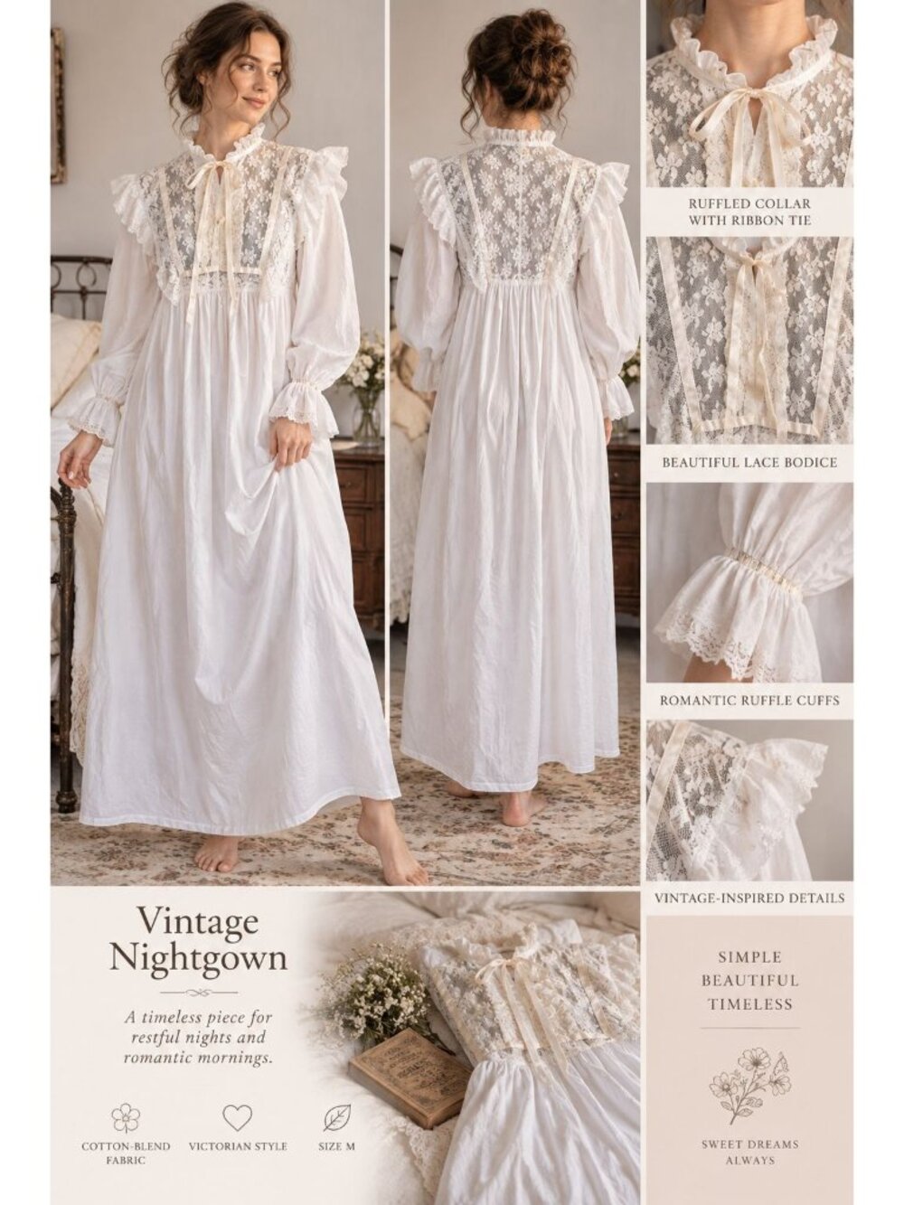 vintage white cotton-blend long nightgown  Victorian Style lace bodice trim Sz M